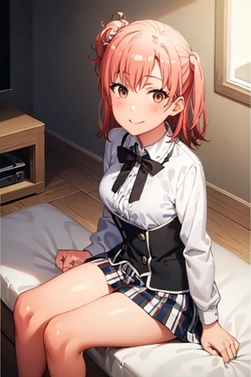 ((highest quality)), ((masterpiece)), (be familiar with), Perfect Face, indoor, Bedroom, Watching the audience,
One woman, Yuigahama Yui,
Open Mouth, Ecstatic expression, blush, smile,
Small breasts, Flat Chest, Young Girl, , , Girl,
Short Hair, Salmon-colored hair, Salmon-colored eyes, Side Pony,
Leg spread,