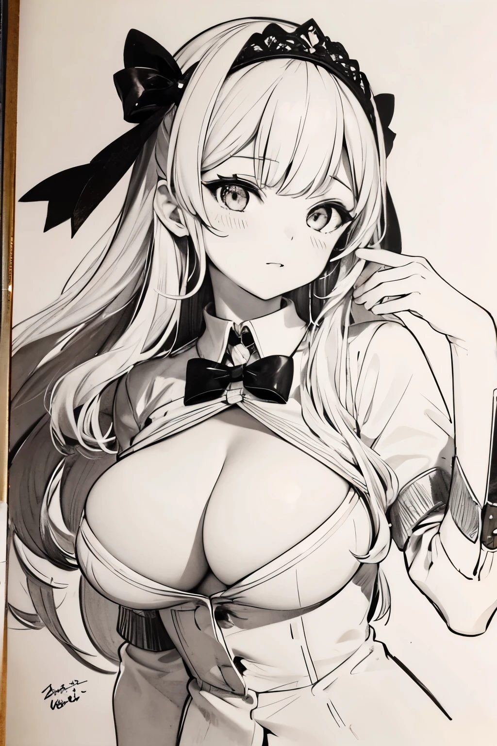 highest quality, masterpiece, Monochrome, Traditional Media, One girl, Big Breasts, JK, Seductive Face, The words "free women" are written,target eye,comics,Pencil drawing,
