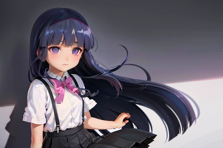 (furude rika, Blue Hair, Purple eyes, White shirt, Pink ribbon, suspenders, Black Skirt), (woman), ((Black and White)),Artistic, ((monochrome)), elegant, Classic, contrast, shadow, Light and shadow, luxury, Sophistication, Silence, simple, beauty, Sculptural, Dramatic, mysterious, sentimental, delicate, Timeless, 高contrast, Soft Focus, Gradation, depth, silhouette, Narrative, grace, Poetic, Nostalgic, modern,
