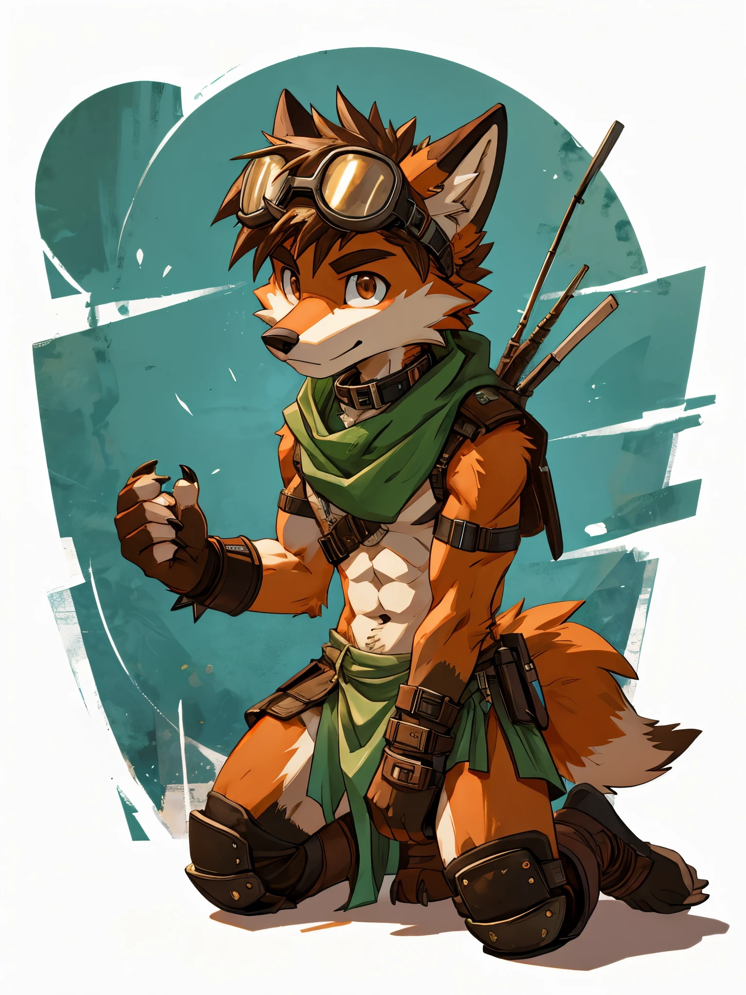 teen Furry, solo, furry, teenager, red fox, spiked brown hair only on head, collar, brown eyes, goggles, green loincloth, green scarf, elbow pads, knee pads, masterpiece, No muscles, Detailed hands, detailed face, detailed eyes, detailed body, Flat body, Skinny, claws, high resolution, metal cuffs on wrists, metal cuffs on ankles, no shirt, no underwear, kneeling, leaning forward, hand over penis