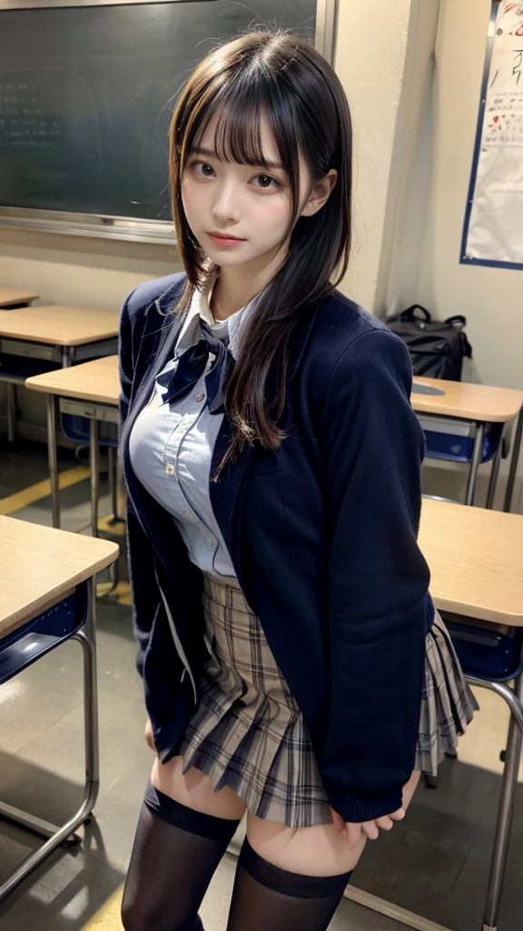 muste piece, best quality, illustration, Super detailed, fine details, High resolution, 8K,wall paper, perfect dynamic composition,(Details High quality, realistic depiction of eyes:1.3), from side, High School Classroom、High school girl uniform、blazer 、Super Short Check Uniform Skirt、Navy blue high socks、garterbelts、Colossal tits、Disturbed uniform, short bob hair, black hair color, huge breasts, Big Natural Color Lip, bold sexy pose, (perfect body shape), crying a little、cold gaze, Harajuku style、20 year old girl、 beautiful legs, hposing Gravure Idol, Voluptuous thighs