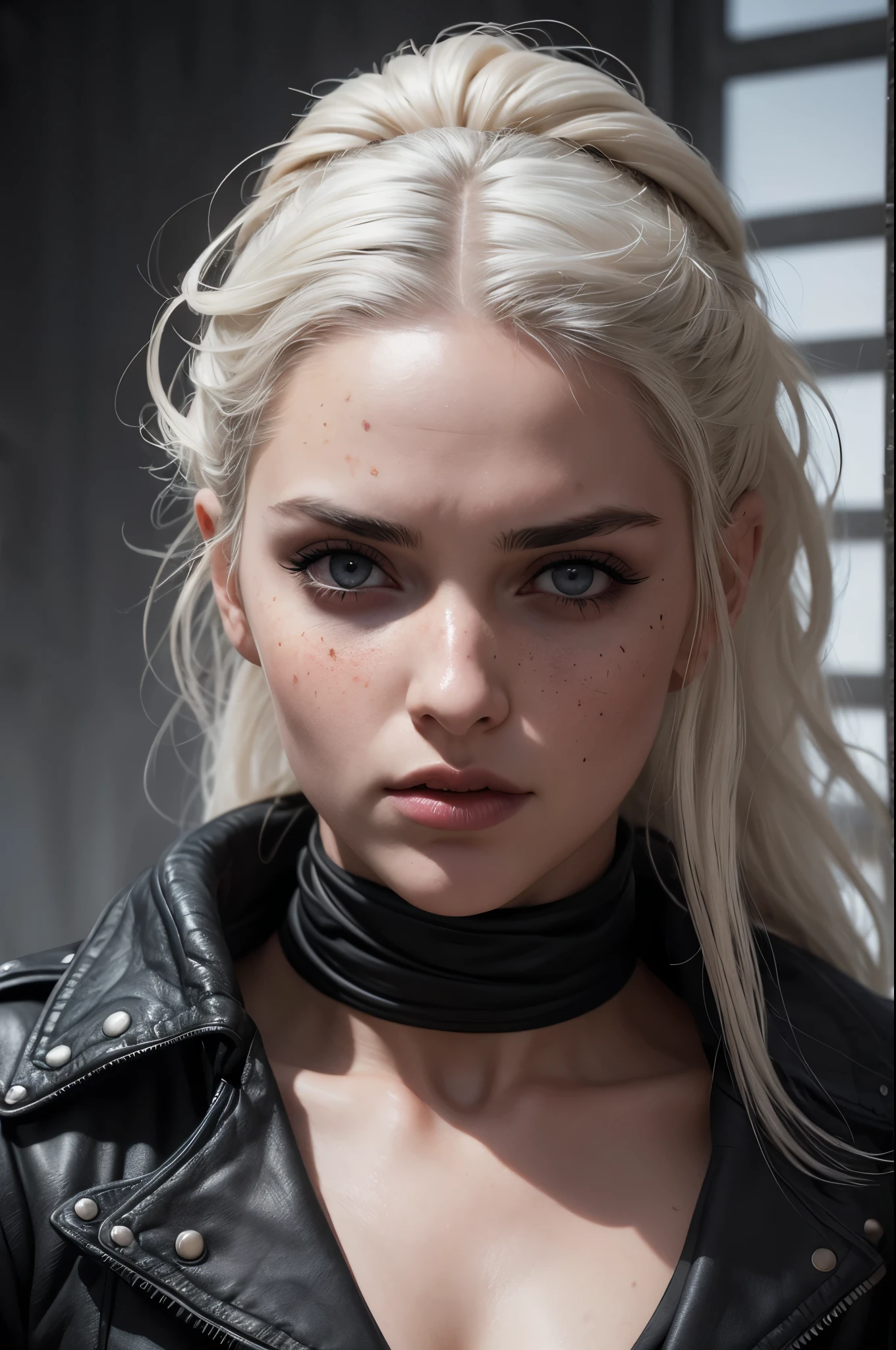 linda com longos cabelos brancos,olhos azuis como safiras, semelhanate a yennefer do jogo the witcher, She wears a black leather jacket and is in the middle of a fierce battle against enemy soldiers...., your face is stained with freckles, Your skin is white, and his expression is angry