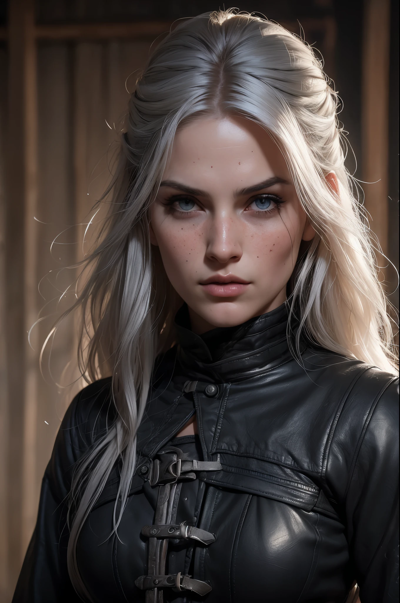 linda com longos cabelos brancos,olhos azuis como safiras, semelhanate a yennefer do jogo the witcher, She wears a black leather jacket and is in the middle of a fierce battle against enemy soldiers...., your face is stained with freckles, Your skin is white, and his expression is angry