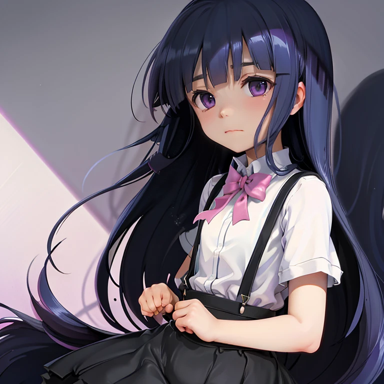 (furude rika, Blue Hair, Purple eyes, White shirt, Pink ribbon, suspenders, Black Skirt), (woman), ((Black and White)),Artistic, ((monochrome)), elegant, Classic, contrast, shadow, Light and shadow, luxury, Sophistication, Silence, simple, beauty, Sculptural, Dramatic, mysterious, sentimental, delicate, Timeless, 高contrast, Soft Focus, Gradation, depth, silhouette, Narrative, grace, Poetic, Nostalgic, modern,
