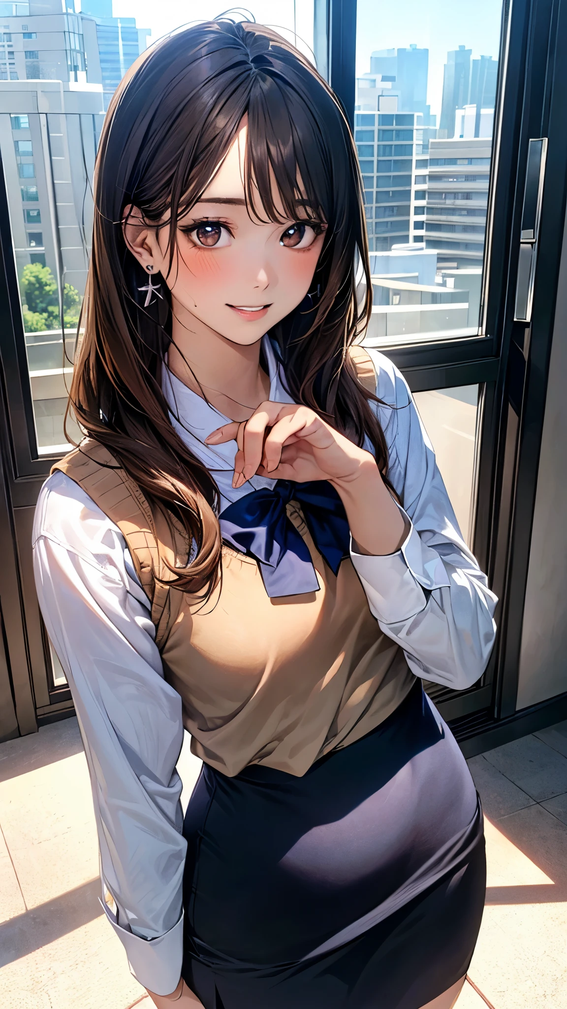 (masterpiece:1.2, top-quality), (realistic, photorealistic:1.4), beautiful illustration, (natural side lighting, movie lighting),
looking at viewer, full body, front view:0.6, 1 girl, japanese, office worker, reception, perfect face, cute and symmetrical face, suntan, shiny skin,
(long hair:1.4, straight hair:1.7, light brown hair), swept bangs, brown eyes, long eye lasher, (medium breasts), slender,
beautiful hair, beautiful face, beautiful detailed eyes, beautiful clavicle, beautiful body, beautiful chest, beautiful thigh, beautiful legs, beautiful fingers,
long sleeve white shirt, (navy vest), (navy pencilskirt), blue bowtie, earrings, camel toe,
(beautiful scenery), big break, (modern office indoors), cityscape of windows, skirt lift by myself, (lovely smile, parted lips),