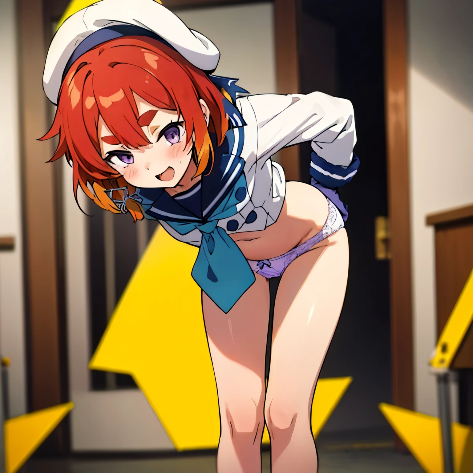 masterpiece, highest quality,
One Girl, alone,
Bent over, close, smile, Open your mouth,Blushing Etorofu \(Fleet Collection\), short hair, Redhead, Bobcut, Twin Blade, Thick eyebrows, Purple eyes, Side goodid, Twin Blade, , flat_chest, ,((Browsing Caution))
, serafuku, White Hat, Blue neckerchief, Blue Ribbon, Hair Ribbon,  White gloves, (Panty shot), Squat,((Browsing Caution)), (panties), (good), (In underwear), (Flashy underwear), (lingerie), 