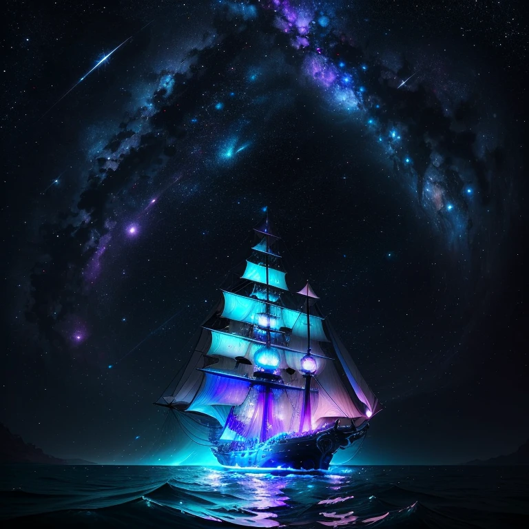 High-Definition 16:9 Image: A Majestic Journey Across Cosmic Seas

In this image, we find a magnificent vessel masterfully sailing through a fantastical cosmic ocean, studded with rhythmic waves of pulsating grooves. The vessel, a mix of antiquity and modernity, glides effortlessly, its sails billowing with starlight.

The color palette is a harmonious blend of celestial blues, purples, and silver hues, creating an ethereal ambiance that evokes a sense of wonder and discovery.

A translucent crystal ball is strategically placed at the ship's bow, emitting a soft