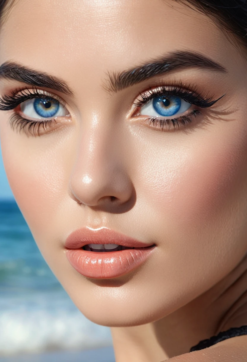 (best quality, 4k, 8k, high resolution, masterpiece: 1.2), ultra-detailed, (realistic, photorealistic, photorealistic: 1.37), beautiful detailed eyes, beautiful detailed lips, extremely detailed face, long eyelashes, medium : May beach, loose black hair, blue eyes shining intensely, voluptuous body, fine lace details, beach, subtle sunlight