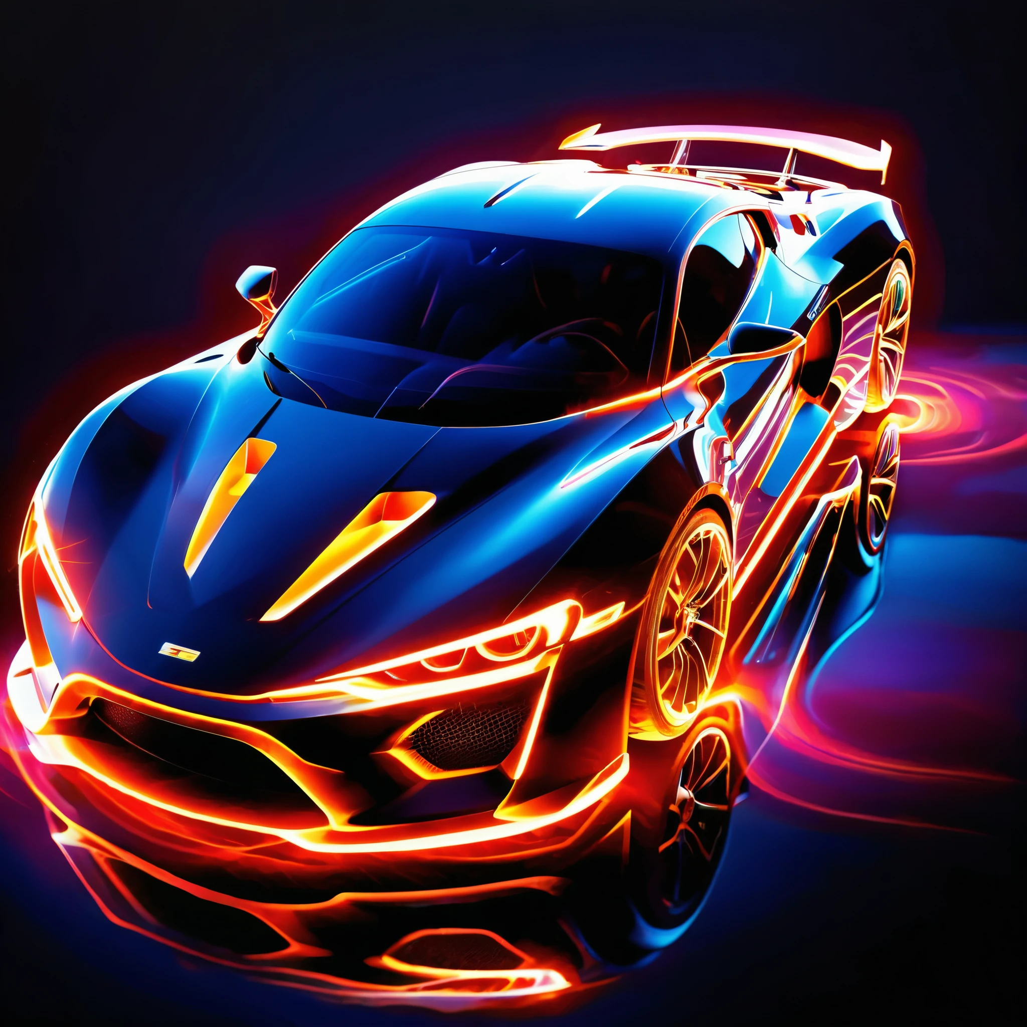 Glowing energy forms the shapes of a futuristic sports car, forming intricate patterns that seem to ripple and shift with the passage of time.