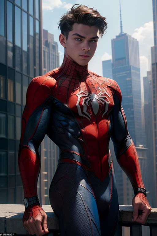 (masterpiece, high resolution, detailed:1.3), Amidst the towering skyscrapers of New York City, a young ((Spider-Man)) perches, ((shirtless:1.5)), revealing a toned physique honed from countless acrobatic swings between buildings. Even ((without the full suit)), the ((iconic spider emblem:1.3)) is prominent ((on his chest:1.3)), standing out against his sun-kissed skin.