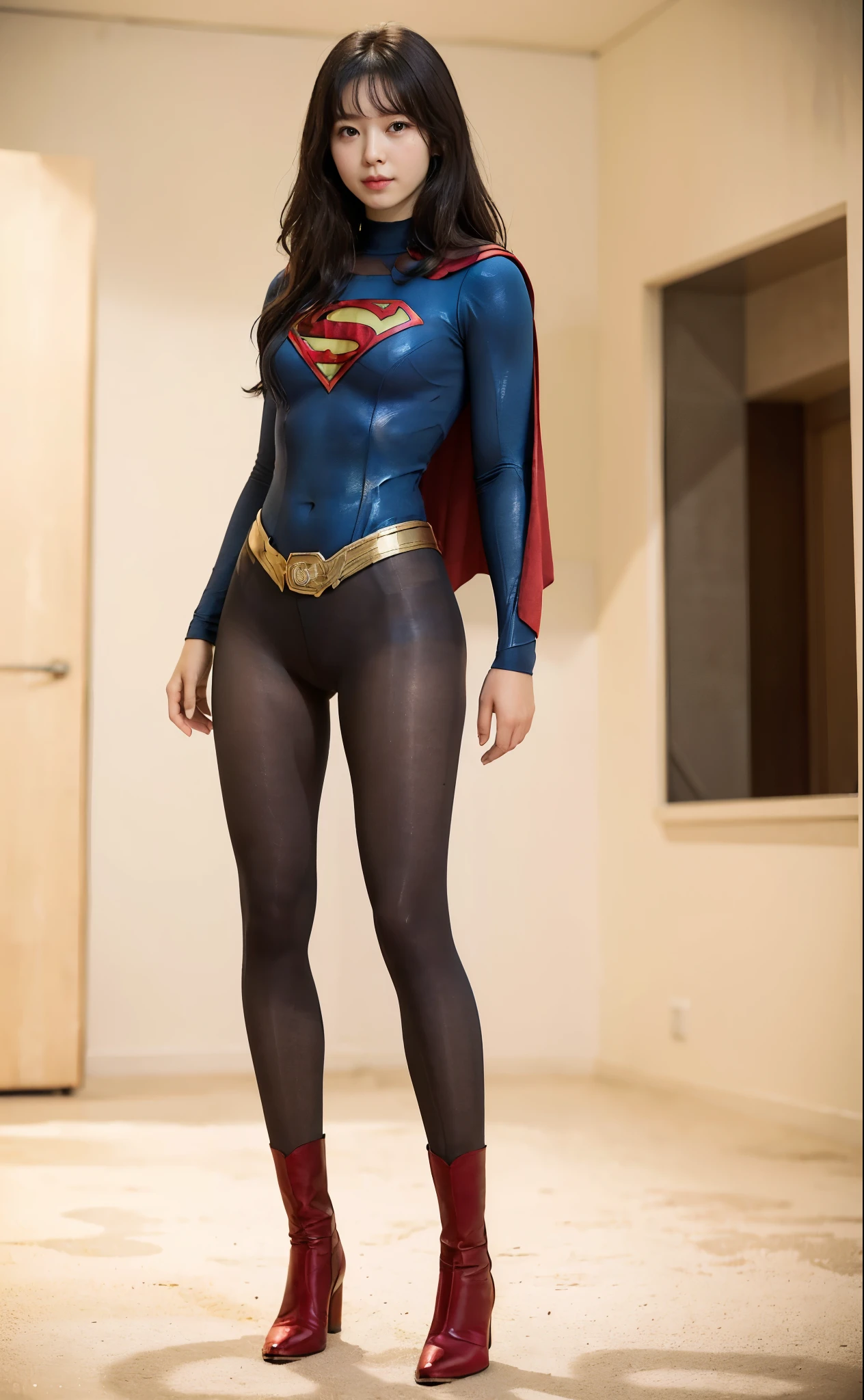 No background、(((Beautiful legs in black tights.)))、(((Legally express the beauty of your smile)))、((((Make the most of your original images)))、(((Body-fitting Supergirl costume)))、(((Supergirl Costume)))、(((Beautiful Hair)))、(((suffering)))、(((Please wear black tights....、Wear red boots)))、((Best image quality、8k))、((highest quality、8k、masterpiece:1.3))、(((Preserve background )))、Sharp focus:1.2、Beautiful woman with perfect figure:1.4、Slim Abs:1.2、Wet body:1.5、Highly detailed face and skin texture、8k