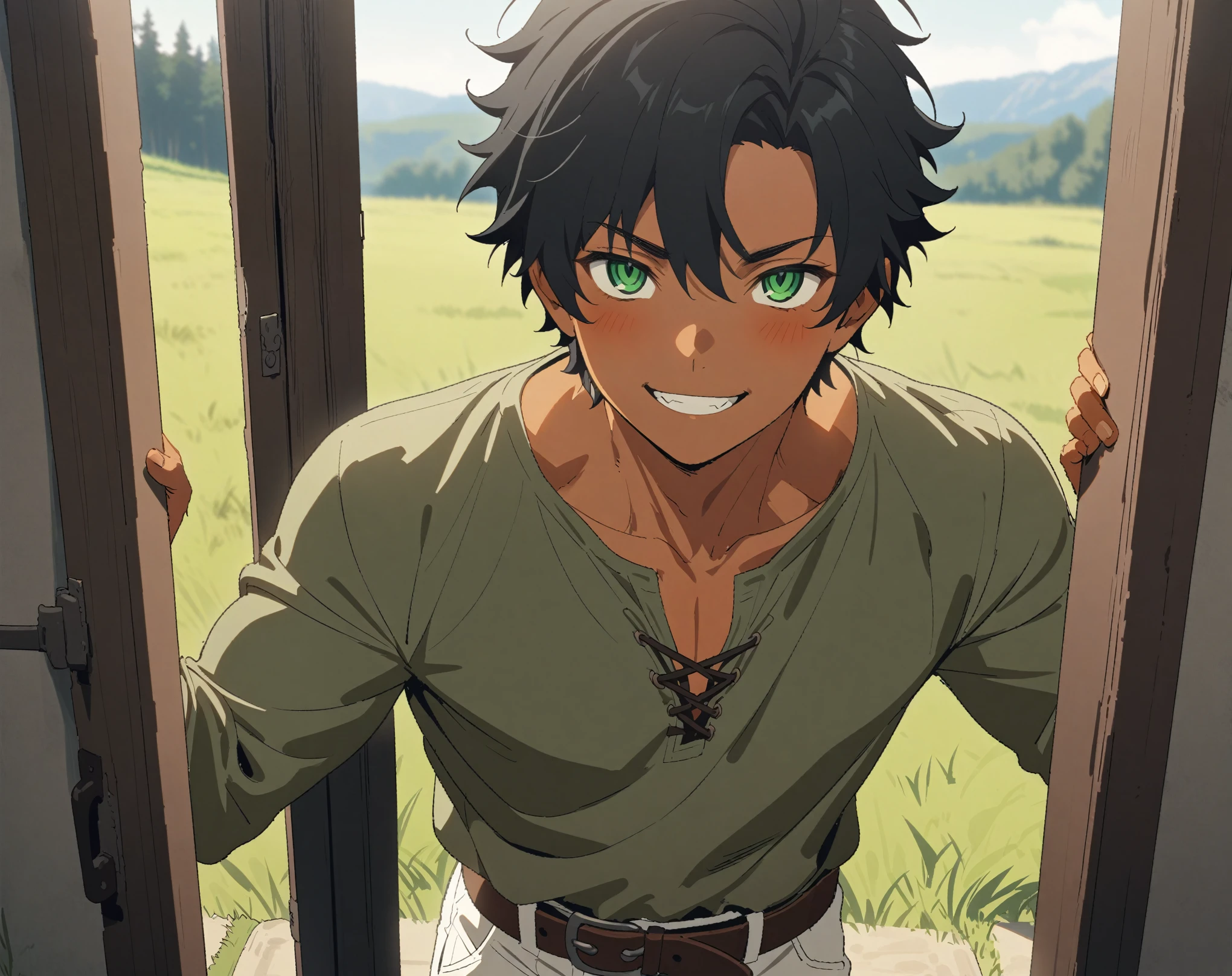 (Masterpiece, best quality, highres) {{Artist: Sincos}} 1 man, solo, 26years old, strong, tan skin, handsome, muscular, sharp eyes, green eyes, black hair, short haircut, taller than camera, green tunic, leather belt, white pants, eager smile, looking at camera, in doorframe, grass and trees behind, pov, medieval fantasy.
