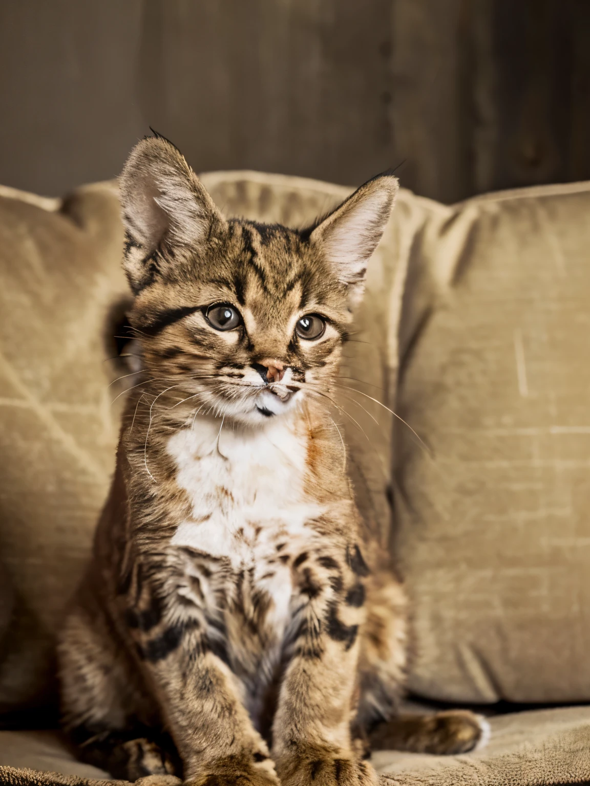 Ashera, a cat sitting on a sofa with a smug face, cute, slender, round eyes, masterpiece：1.6, 8k, Top quality, high resolution, high definition, realistic photos, luxury hotels, bold compositions, cinematic lighting, Brown coat, spots, big ears, slim,