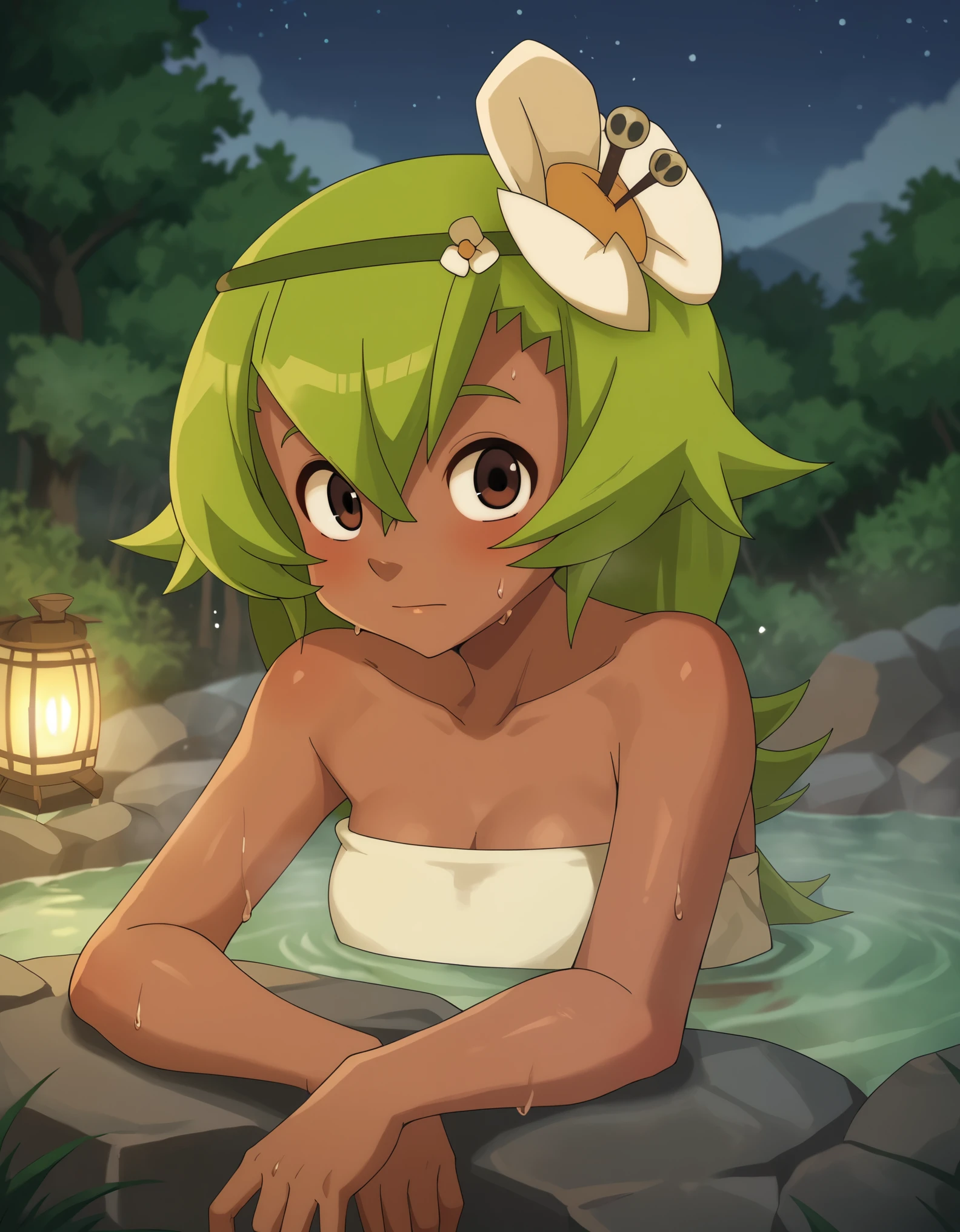 score_9, score_8_up, score_7_up, anime screenshot, looking at viewer, clouds 1girl, amalia sheran sharm, green hair, green hairband, hair ornament, hair flower, dark skin, brown eyes,, onsen, water, thermal source, submerged, steam, outdoors, rocks, bushes, grass, night, lantern, looking at viewer, sweating