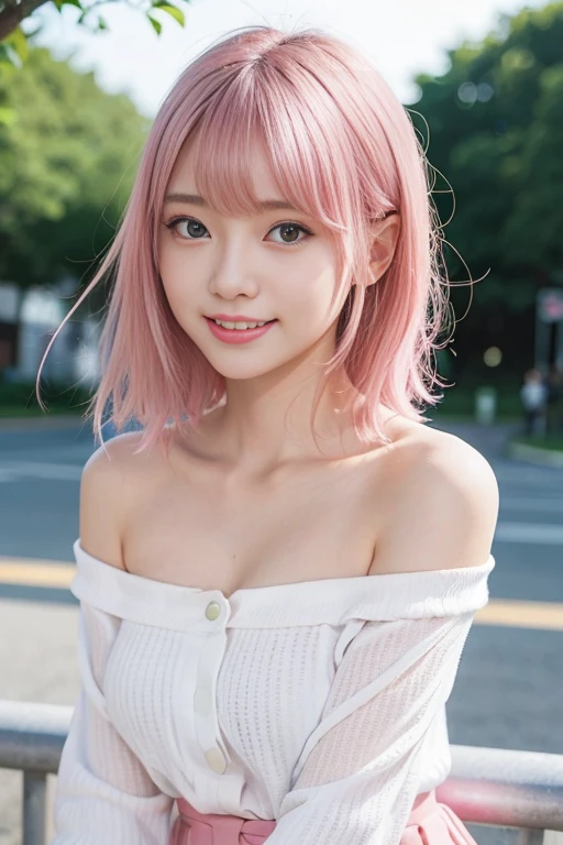 highest quality、超High resolution、(Photorealistic:1.5)、1 girl)、(Slightly larger breasts:1.2)、Looking at the audience、close、Esbian all over、smile、university student、Spiteful eyes、Five Fingers、Location is central、High resolution, highest quality, Perfect dynamic composition, Fine and beautiful eyes, Off the shoulder、Shiny Hair、Medium Hair, Natural color lip, university student、Harajuku、わずかなsmile、city、Pink Hair、You can see the whole body while standing