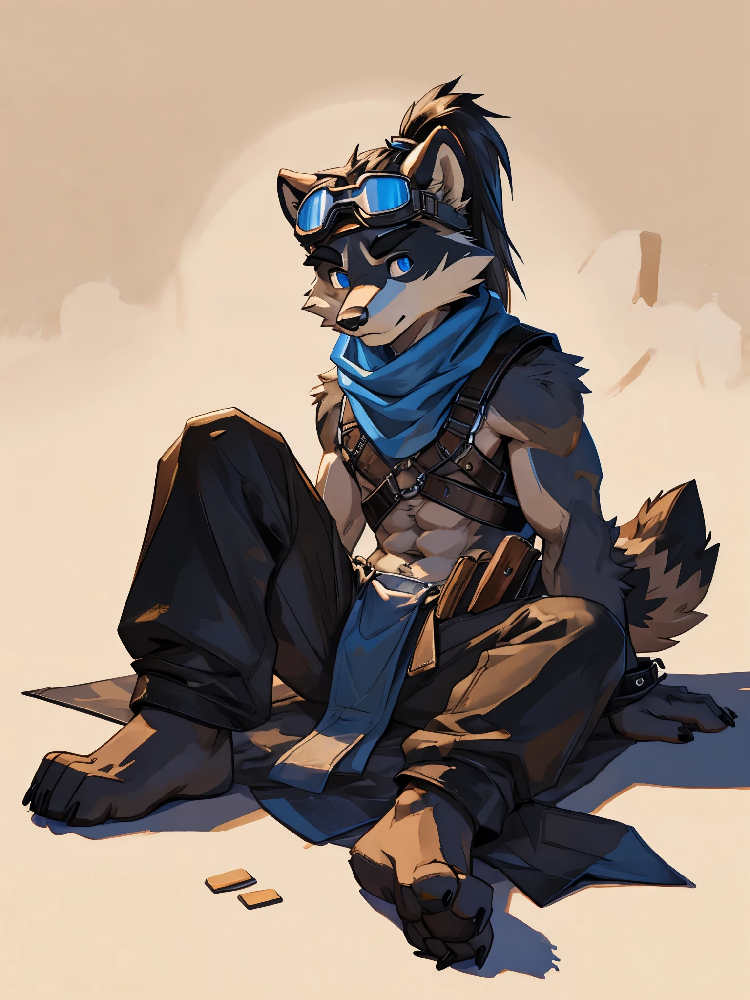 teen furry, furry, teenager, raccoon, grey body, long brown spiked_ponytail, detailed eyes, Detailed body fur, long blue scarf, leather_harness, blue_loincloth, goggles, masterpiece, gray body, Detailed face, big eyebrows, blue eyes, detailed eyes, No muscles, Detailed hands, Flat body, Skinny, Detailed paws, metal cuffs on wrists, metal cuffs on ankles, black baggy pants laying down, simple background