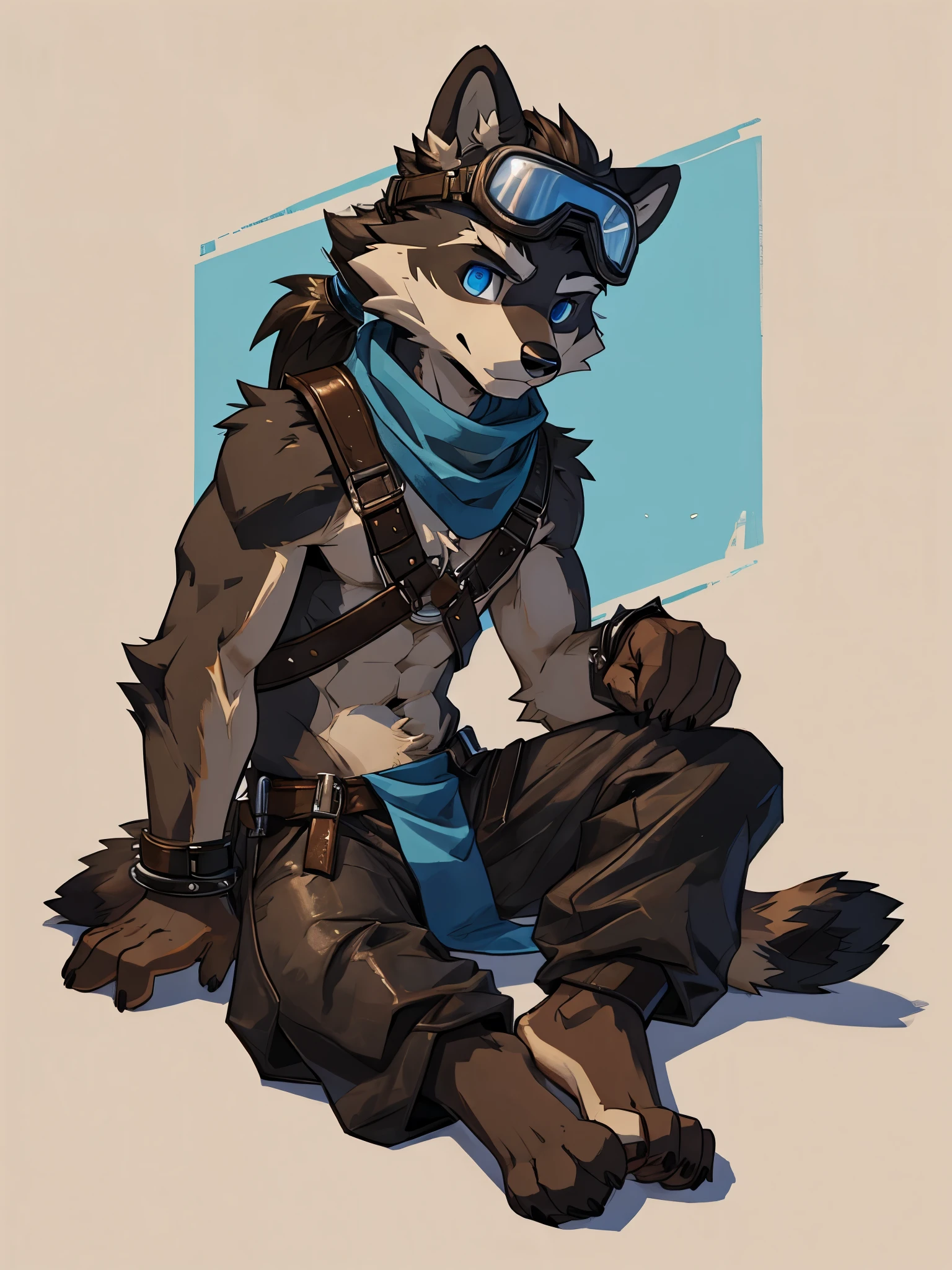 teen furry, furry, teenager, raccoon, grey body, long brown spiked_ponytail, detailed eyes, Detailed body fur, long blue scarf, leather_harness, blue_loincloth, goggles, masterpiece, gray body, Detailed face, big eyebrows, blue eyes, detailed eyes, No muscles, Detailed hands, Flat body, Skinny, Detailed paws, metal cuffs on wrists, metal cuffs on ankles, black baggy pants laying down, simple background