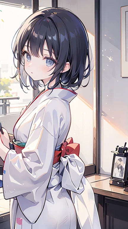 High resolution RAW color art, animation,Sculpture, Silver Marble Skin, (((Highly detailed elegant))), Magical atmosphere, (Detailed skin, texture (Exquisitely crafted, The finer details, Ultra-detailed), Depth of written boundary, Bokeh, Silky Touch, Hyper Detail, Matte Drawing, Sparkly Background, Black Hair, kimono, Traditional Japanese Clothing, yukata, kimono, Traditional Japanese Clothing, yukata