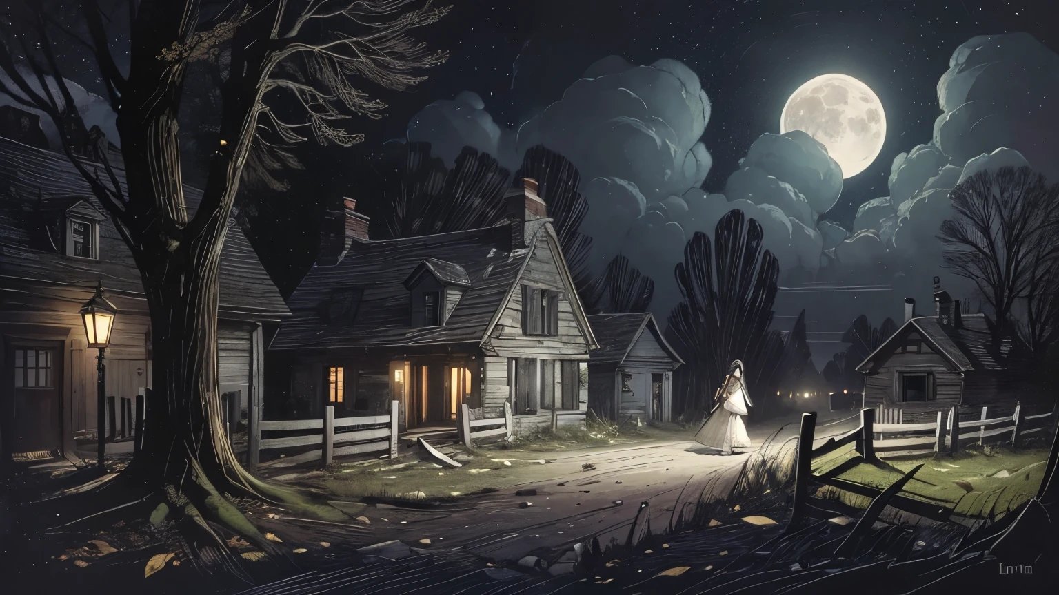 - late night - small quiet village - old mansion - barren fields - isolated - rumors - haunted area, Realistic photo of an old abandoned house, Creates cold, dark nights, Broken stone road, Old fence, poorly lit, Old tree with dead branches, Fallen leaves on the ground, Mistborn, heavy clouds, A small moon floating in the sky, The light of the old street lamp、In a white dress and scarf、Woman with bleeding eyes