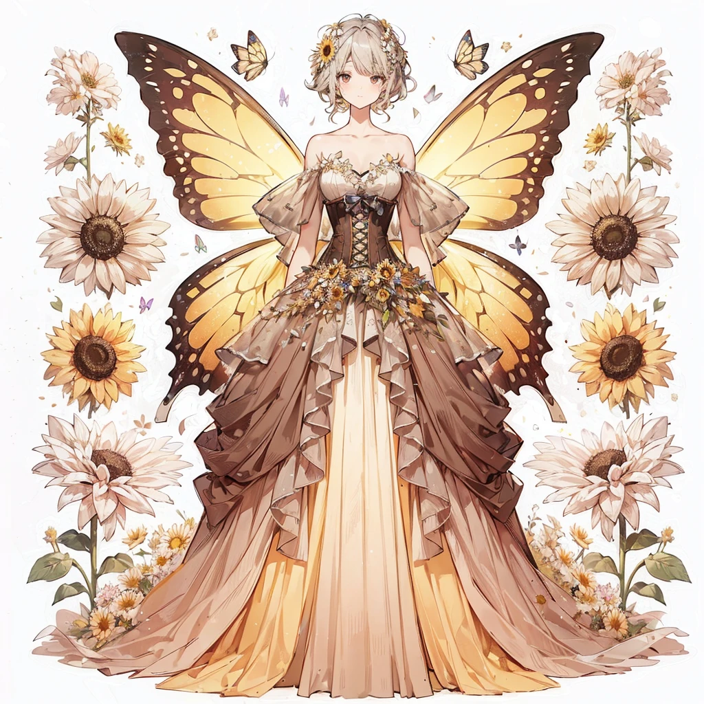 (Exquisite, beautiful, Very detailed, masterpiece, high quality,High resolution),(Beautiful dress design illustration in vibrant colors in pastel colors on a light gray background), A dress with a yellow base and butterfly-like fairy wings growing from the waist, with a dark and light brown draped peplum attached symmetrically to the left and right sides of the corset.,A long princess dress with a sunflower and other flower motif on one side of the chest, a bow ribbon and a few flowers on the skirt, a white fluffy pannier underneath, and a flower-shaped skirt.,Flowers on the corset々The dress is decorated with beautiful, clear fairy wings growing from the waist., A cute princess dress inspired by sunflowers,