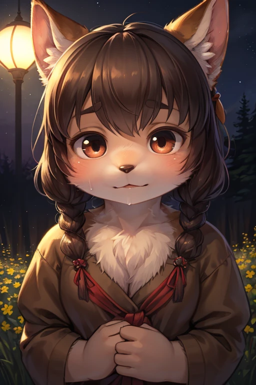 realistic hairy fur , round face , moist round eyes , Swollen cheeks , hair ties , Short stature , masterpiece, highest quality, Absurd, View Viewer, alone, Rita Rossweisse (A Midsummer Night's Dream), Rita Rossweisse, shirt, pantyhose, Red Rose, Red eyes, Blonde Hair, Long sleeve, Mole under the eye, Hair on one eye, frilled shirt, white shirt, Captivating smile, (Ulzzang-6500:0.8), Long Hair, Day, Outdoor black pantyhose, Middle Eastern National Costume