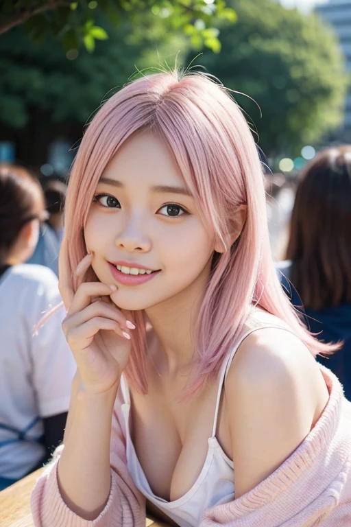 highest quality、超High resolution、(Realistic:1.5)、1 girl)、(Slightly larger :1.2)、Looking at the audience、close、Ezvian everywhere、smile、university student、Spiteful eyes、Five Fingers、Location is central、High resolution, highest quality, Perfect dynamic composition, Beautiful and beautiful eyes, Off the shoulder、Shiny Hair、Medium Hair, Natural color lip, university student、Harajuku、わずかなsmile、city、Pink Hair、Standing、The whole body is visible、Being a little far away、I can see your toes