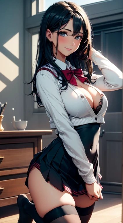 masterpiece, top-quality, the Extremely Detailed CG Unity 8K Wallpapers, Ultra-realistic 8kCG, erfect artwork, The perfect female figure, Dramatic shadows, (spot light, Perfect litthing, Detailed light, (((1girl in))), ((Sharp face)), ((black straight hair)), (((sexypose))), Model body type, Navel is visible, large full breasts, ((cute face)), big breasts, blush on makeup, red eyeliner, (gently smiling: 1.2), beautiful eyelashes), Beautiful face, (beautiful chest line:1.2), (cleavage), beautiful a girl, Exquisite facial features depicting the perfect face, Cold, Naturally beautiful, slenderbody, Light and beautiful thigh expression, hi-school girl, high-school uniform, a sailor suit, pleatedskirt, stockings, detailed, realistic light and shadow, 8K resolution, Professional Lighting, (glistning skin:0.9), perfect hand, (full body)