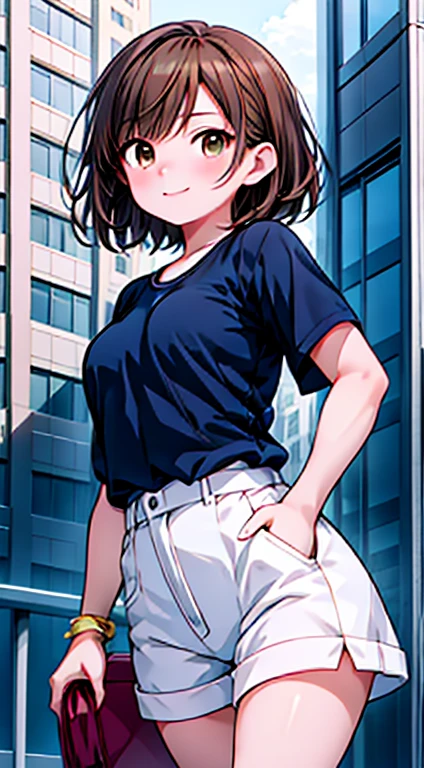 High resolution 8K, Browsing Caution, Bright lighting, Anime Style, Film Portrait Photography, 1 Female, Dynamic Angle, Dynamic pose, Narrow Face, a smile, smile, Beautiful woman, ((Sexy Woman)), (((Brown Eyes, Short Hair, Brown Hair,))), Woman in white t-shirt, Adult women, Wear shorts, Animated characters in a scene from a balcony of a building with the sky in the background, Your Name movie style, Stills in TV anime, yourname, fiona staples and makoto shinkai, makoto shinkai and bioware, guweiz and makoto shinkai, Anime stills, Animated film stills, Anime movie screenshots, (Natural skin texture and vivid details, Ultra-realistic)