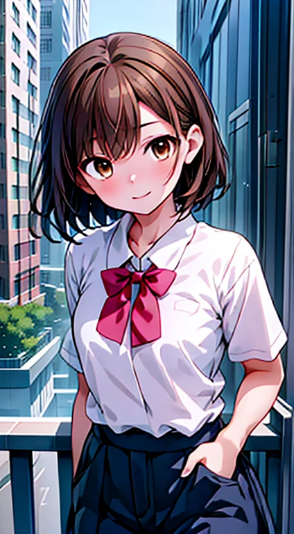 High resolution 8K, Browsing Caution, Bright lighting, Anime Style, Film Portrait Photography, 1 Female, Dynamic Angle, Dynamic pose, Narrow Face, a smile, smile, Beautiful woman, ((Sexy Woman)), (((Brown Eyes, Short Hair, Brown Hair,))), Woman in white t-shirt, Adult women, Wear shorts, Animated characters in a scene from a balcony of a building with the sky in the background, Your Name movie style, Stills in TV anime, yourname, fiona staples and makoto shinkai, makoto shinkai and bioware, guweiz and makoto shinkai, Anime stills, Animated film stills, Anime movie screenshots, (Natural skin texture and vivid details, Ultra-realistic)