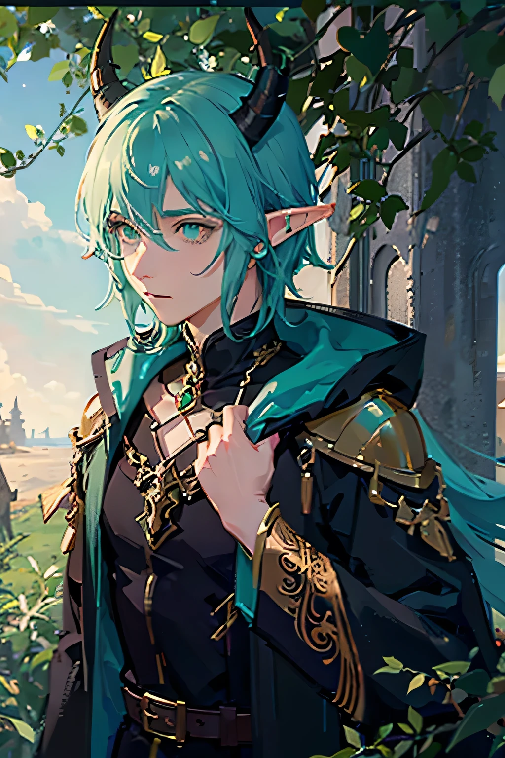 A pretty male character with horns elf ears and green hair with a fantasy aesthetic