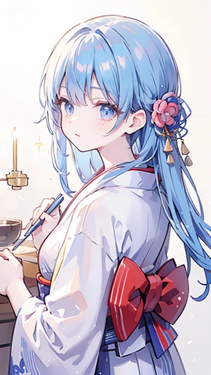 High resolution RAW color art, animation,Sculpture, Silver Marble Skin, (((Highly detailed elegant))), Magical atmosphere, (Detailed skin, texture (Exquisitely crafted, The finer details, Ultra-detailed), Depth of written boundary, Bokeh, Silky Touch, Hyper Detail, Matte Drawing, Sparkly Background, Blue Hair, kimono, Traditional Japanese Clothing, yukata, kimono, Traditional Japanese Clothing, yukata