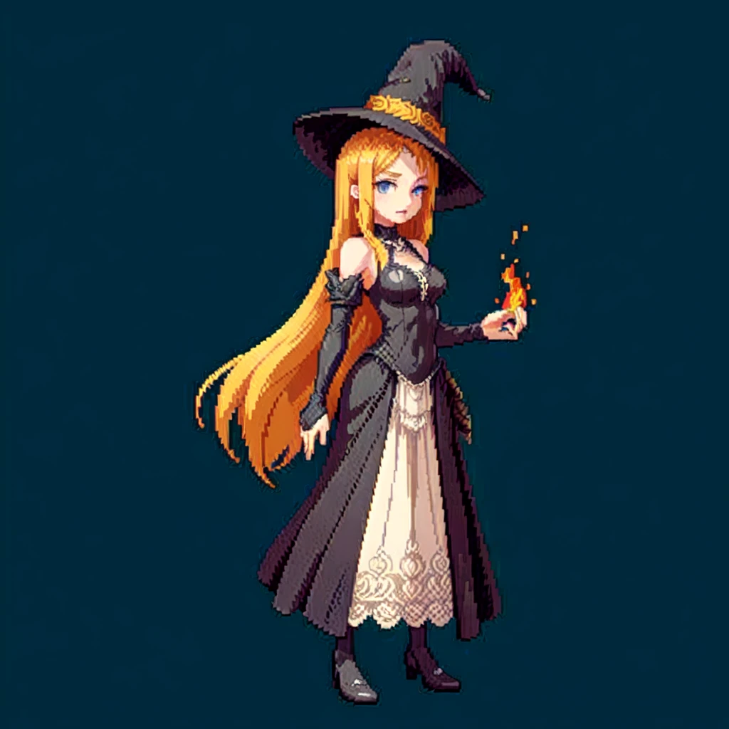 (masterpiece, top quality, best quality), pixel,pixel art,1girl,black long dress,big hat,witch clothes,big bosom,sit on chair,full body