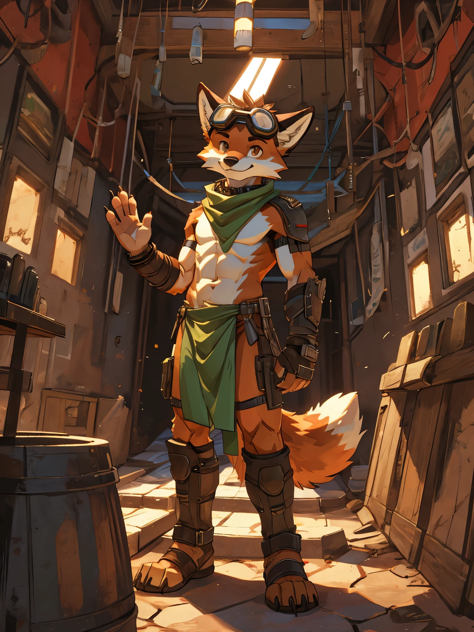  Furry, solo, furry, teen, red fox, spiked brown hair only on head, collar, brown eyes, goggles, green loincloth, green scarf, elbow pads, knee pads, masterpiece, No muscles, Detailed hands, detailed face, detailed eyes, detailed body, Flat body, Skinny, claws, high resolution, metal cuffs on wrists, metal cuffs on ankles, no shirt, no underwear, waving