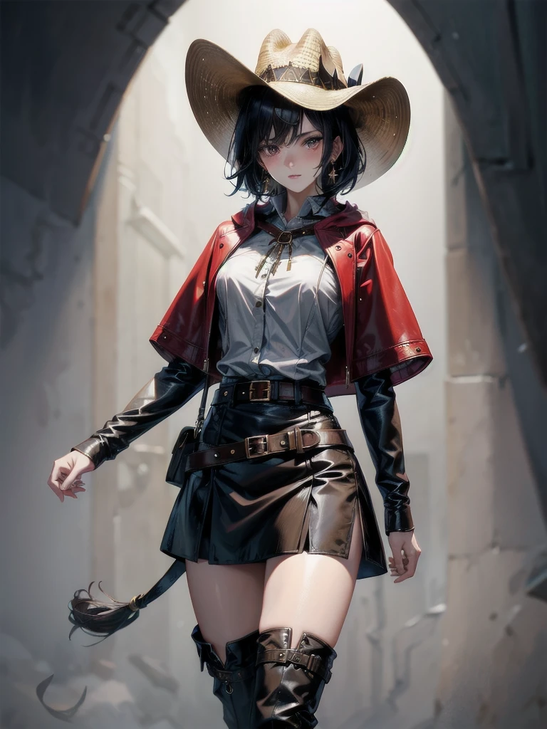 cool cowgirl, cowboy hat, blouse, decorated hooded armor jacket, cross belt, short skirt, Brown leather pants, Red leather long boots, absurdres, RAW photo, extremely delicate and beautiful, masterpiece, Best Quality, ultra high resolution, 32k, hyperrealistic, ultra-detailed, detailed description, pale skin, 20 years old, tearful mole, earring, short medium hair, wavy hair, whole body shot,