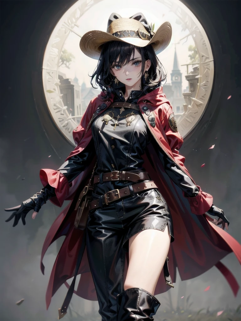 cool cowgirl, cowboy hat, blouse, decorated hooded armor jacket, cross belt, short skirt, Brown leather pants, Red leather long boots, absurdres, RAW photo, extremely delicate and beautiful, masterpiece, Best Quality, ultra high resolution, 32k, hyperrealistic, ultra-detailed, detailed description, pale skin, 20 years old, tearful mole, earring, short medium hair, wavy hair, whole body shot,