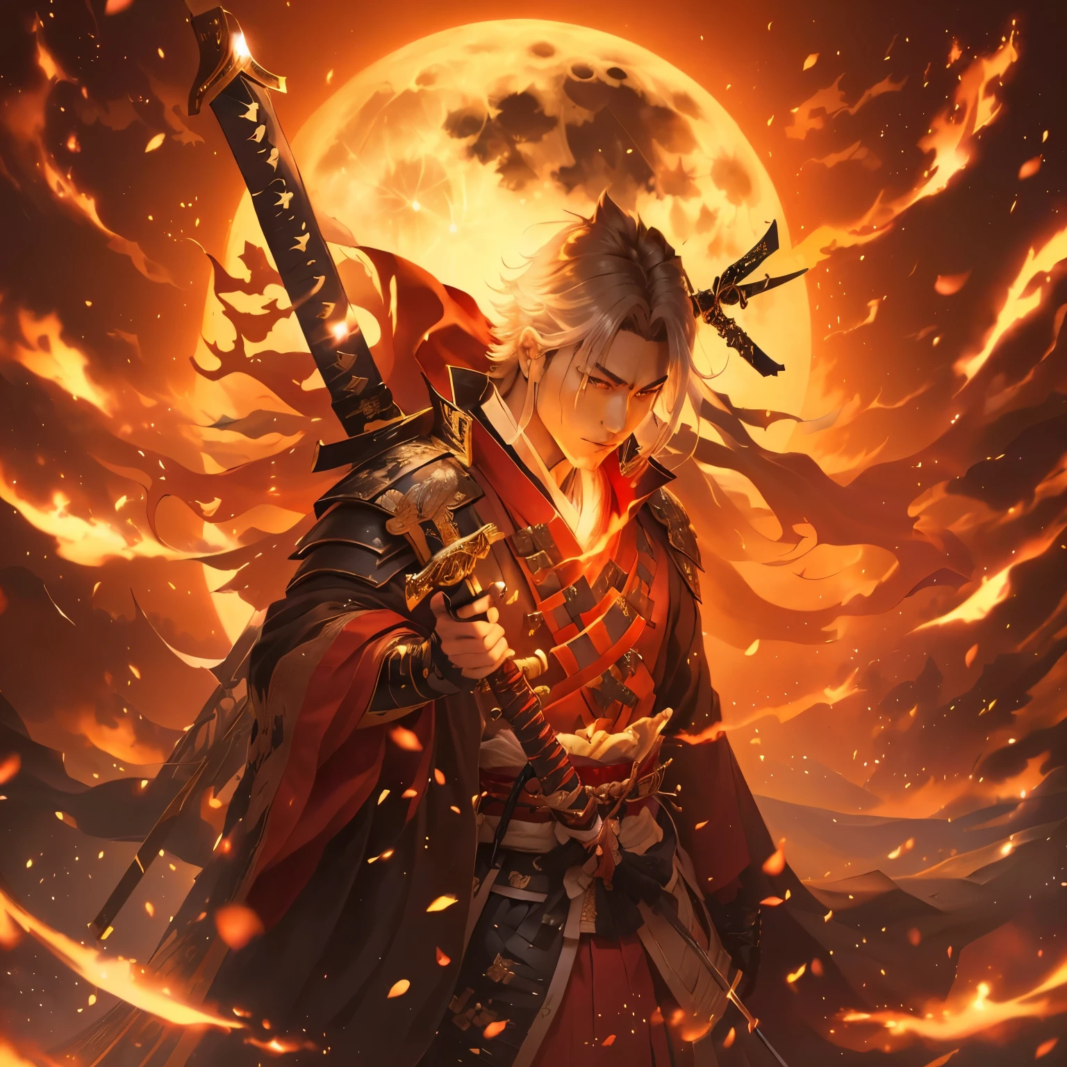 Close up portrait of a person holding a sword in front of a full moon, Amazing Anime 8K, flaming katana, 4K Manga Wallpapers, inspired by Kanō Sanraku, Handsome men from Demon Slayer, Works inspired by Kano Hogai, Epic Samurai Warrior, Spectacular artwork of anime, Demon Slayer Art Style