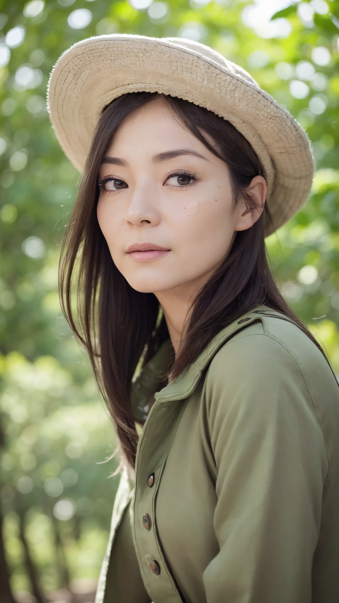 ((highest quality)), ((8K)), ((masterpiece: 1.3)), (Perfect appearance), (Photorealism: 1.6), (tree々A park on a sunny day with lush greenery: 1.4), (公演を散歩する一人のJapanese Mature), (Detailed background), (Standing), (Full body portrait: 1.4), (60 years old, Japanese Mature), (A mature woman with a rustic atmosphere), ((Realistic skin texture)), (Fine lines all over the skin), (Dull skin), (Facial wrinkles), (Wrinkles around the eyes), double eyelid, Tear bags under the eyelids, A gentle smile, Shy expression, Short bangs, Straight, slightly long hair, Updo, (Newsboy hat:1.2), (Wearing a hat pulled down over one's eyes: 1.4), (The gaze is directed diagonally upwards: 1.6), BREAK(Plain white T-shirt: 1.2),BREAK (jeans: 1.4), pumps, Slimming, Small breasts, Flat Chest,