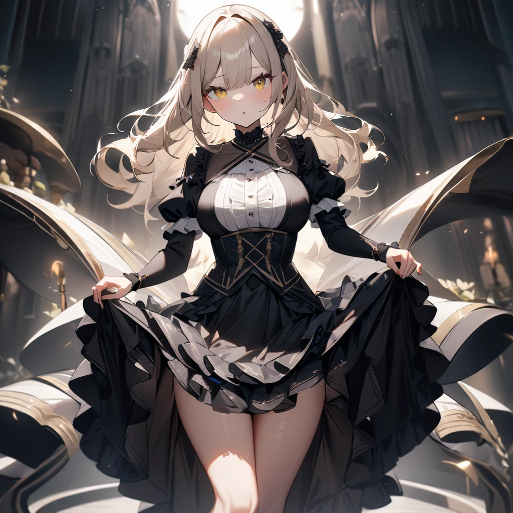 1 girl,best quality, very aesthetic, absurdres,looking at viewer,front view,Lovely lady,,skirt lift,high-grade,layer,westfrill,light hair,multilayer,blackcolor,trim,(side-Crisscross),breasts,upscale,Layered,yellow pale,