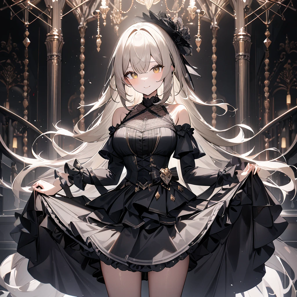 1 girl,best quality, very aesthetic, absurdres,looking at viewer,front view,Lovely lady,,skirt lift,high-grade,layer,westfrill,light hair,multilayer,blackcolor,trim,(side-Crisscross),breasts,upscale,Layered,yellow pale,