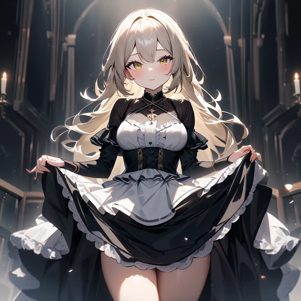 1 girl,best quality, very aesthetic, absurdres,looking at viewer,front view,Lovely lady,,skirt lift,high-grade,layer,westfrill,light hair,multilayer,blackcolor,trim,(side-Crisscross),breasts,upscale,Layered,yellow pale,
