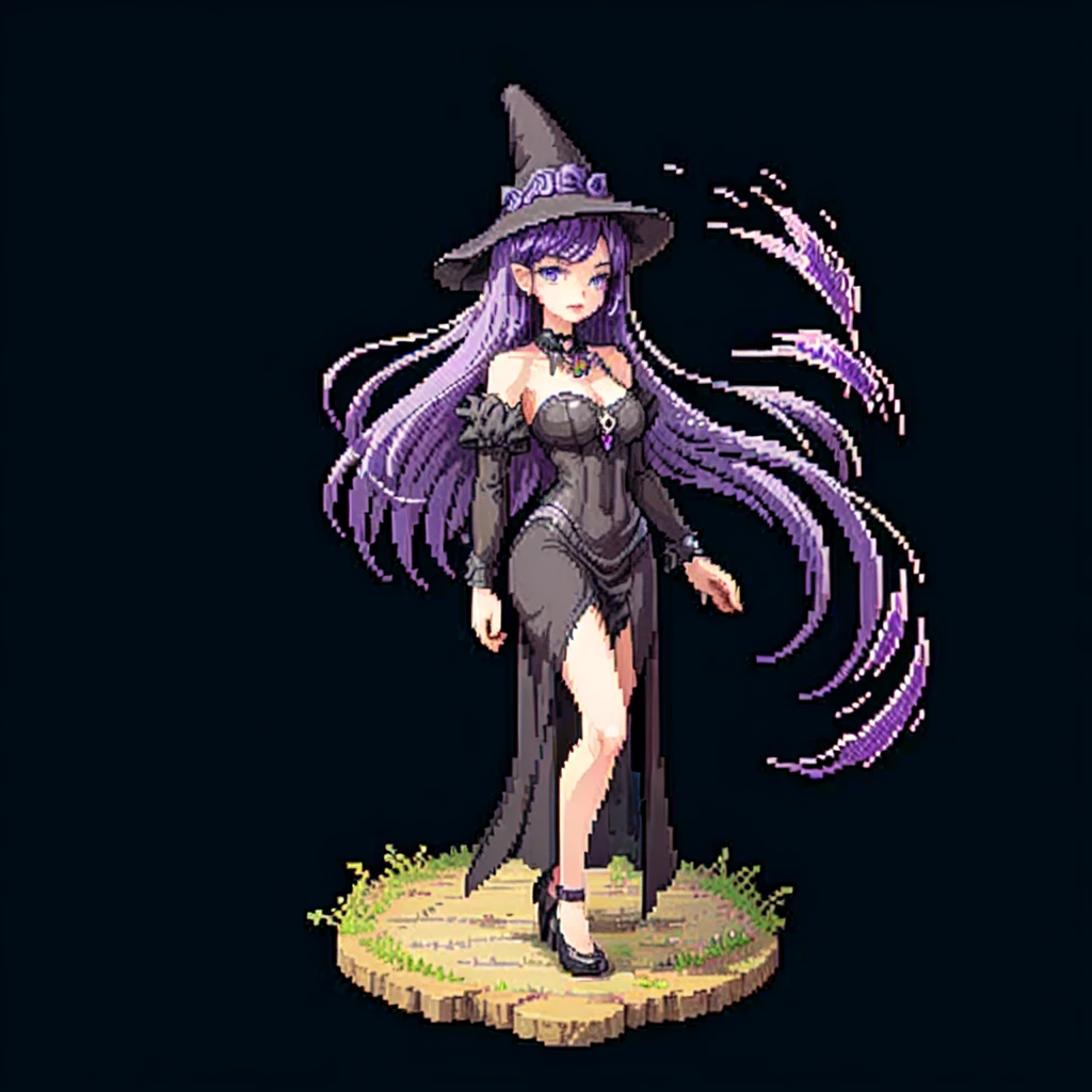 (masterpiece, top quality, best quality), pixel,pixel art,1girl,purple hair,black long dress,big hat,witch clothes,full body