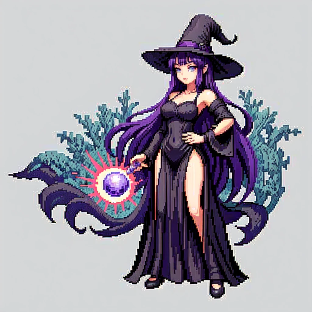 (masterpiece, top quality, best quality), pixel,pixel art,1girl,purple hair,black long dress,big hat,witch clothes,full body