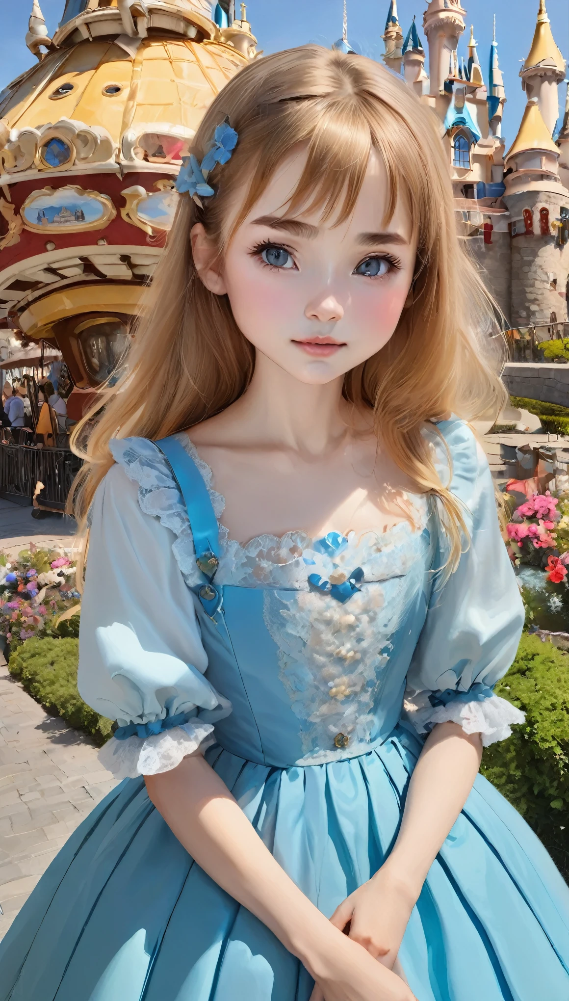 A girl in a blue dress standing in front of a castle - SeaArt AI