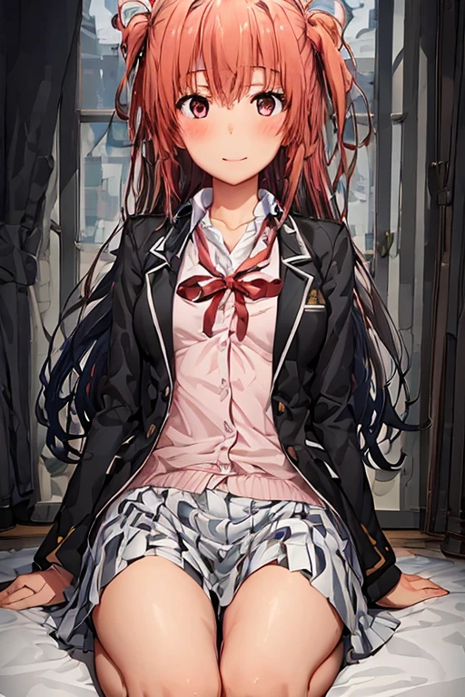 ((highest quality)), ((masterpiece)), (be familiar with), Perfect Face, indoor, Bedroom, Watching the audience,
One woman, Yuigahama Yui,
Open Mouth, Ecstatic expression, blush, smile,
Small breasts, Flat Chest, Young Girl, , , Girl,
Short Hair, Salmon-colored hair, Salmon-colored eyes, Side Pony,
Leg spread,