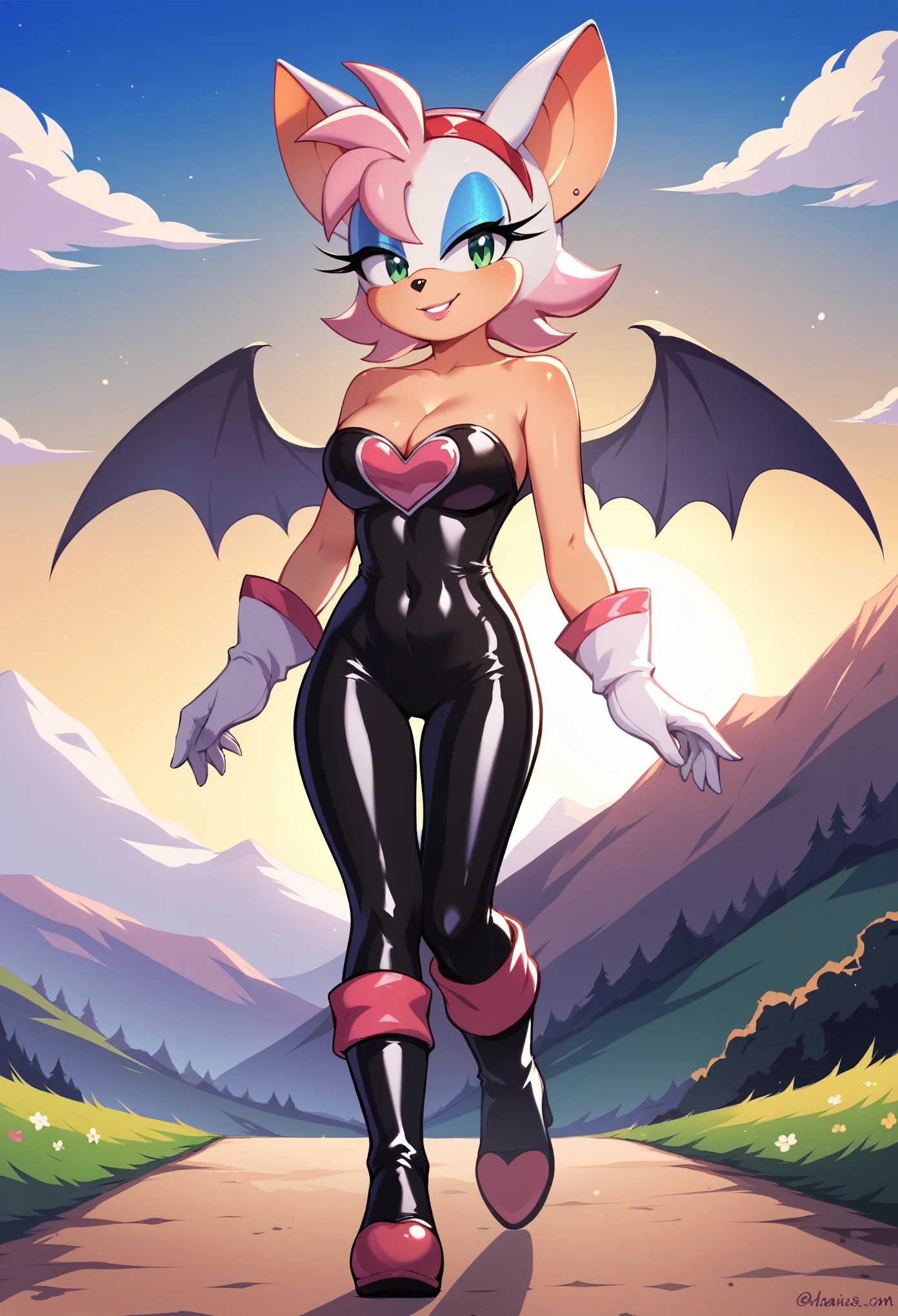 score_9, score_8_up, score_7_up,  female, Amy Rose, (Rouge the Bat Cosplay), no wings, 1 girl, solo, smile, green eyes, red hairband, bob hair, sky, outdoors, cloud, pink hair, sunset, bare shoulders, animal nose, black rubber bodysuit, pink heart on chest, cleavage, white gloves, white knee-high boots, valley, walking, arms at sides, 2D flat illustration.