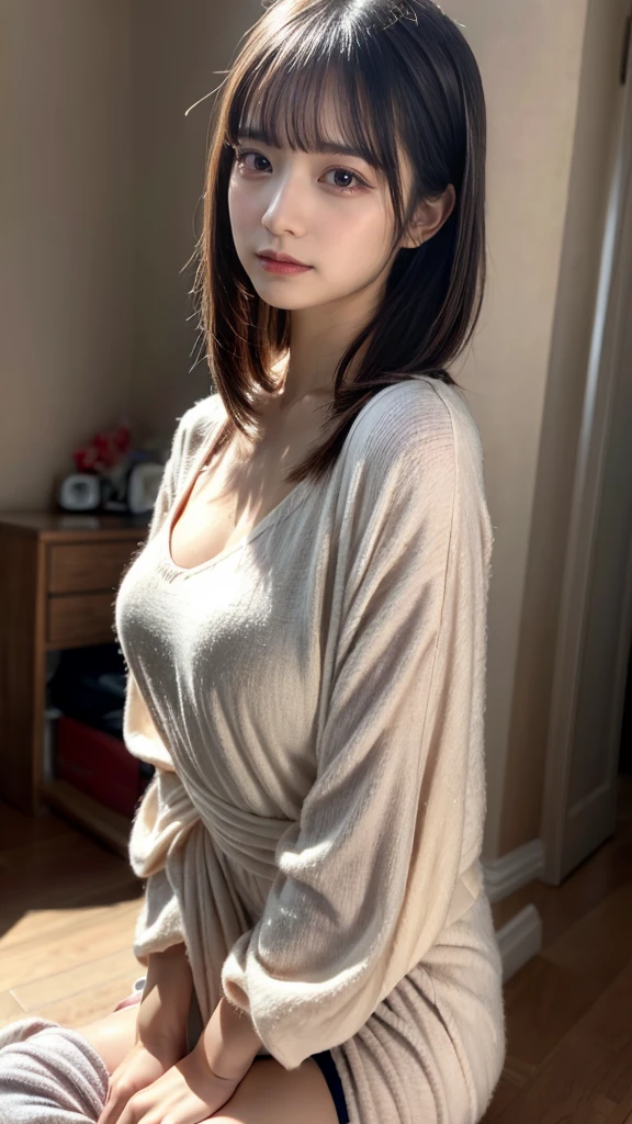 masterpiece, Best Quality, 8K, 20 yo, huge breasts, cuddly, Solo, sad, Cute, Girly, Delicate girl, Neat and clean beauty, Raw photo, Professional Photography, Portrait, Soft light, Professional Lighting, Back lighting, Upper body, front view, Sophisticated, Film grain, (Eyes and faces with detailed:1.0), ponytail, short length floating hair, beautiful flowing hair, bangs, Lounge Kaftan