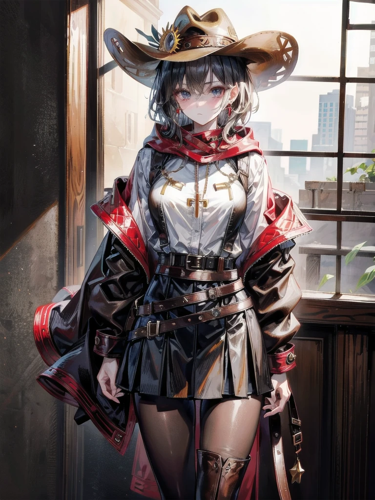 cool cowgirl, cowboy hat, blouse, decorated hooded armor jacket, cross belt, short skirt, Brown leather pants, Red leather long boots, absurdres, RAW photo, extremely delicate and beautiful, masterpiece, Best Quality, ultra high resolution, 32k, hyperrealistic, ultra-detailed, detailed description, pale skin, 20 years old, tearful mole, earring, short medium hair, wavy hair, whole body shot,