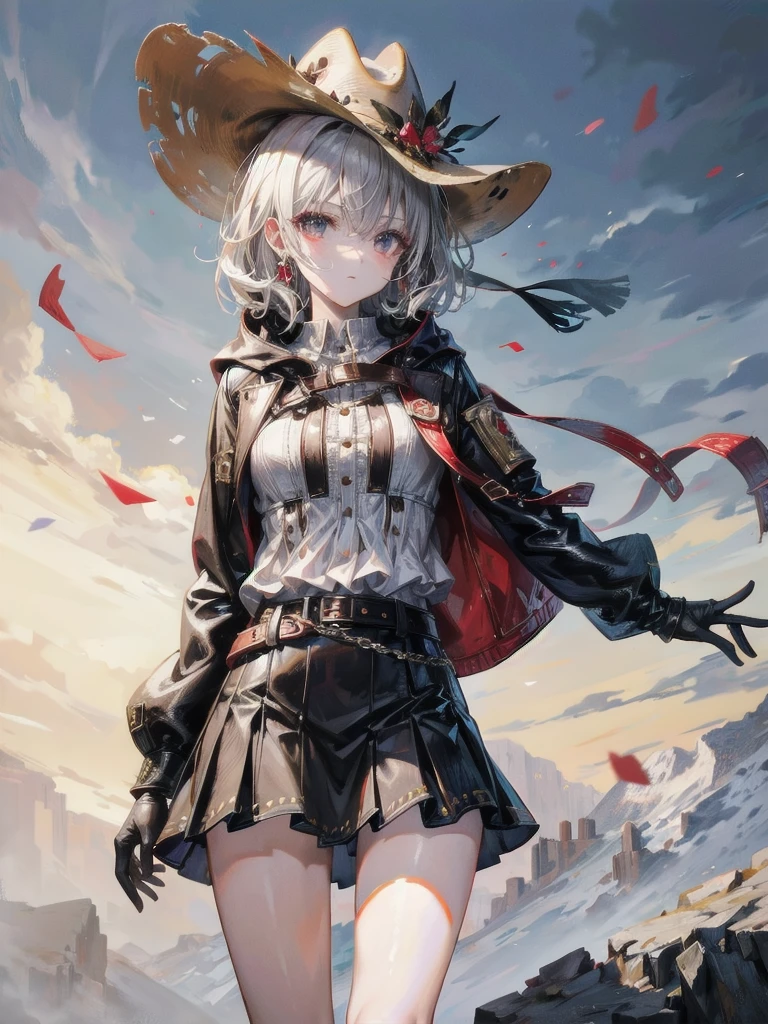 cool cowgirl, cowboy hat, blouse, decorated hooded armor jacket, cross belt, short skirt, Brown leather pants, Red leather long boots, absurdres, RAW photo, extremely delicate and beautiful, masterpiece, Best Quality, ultra high resolution, 32k, hyperrealistic, ultra-detailed, detailed description, pale skin, 20 years old, tearful mole, earring, short medium hair, wavy hair, whole body shot,