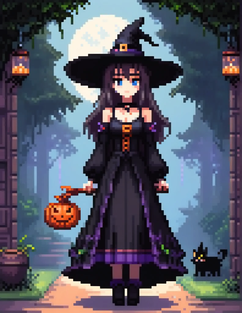 (Pixel art:1.2), 1girl,black long dress,big hat,witch clothes