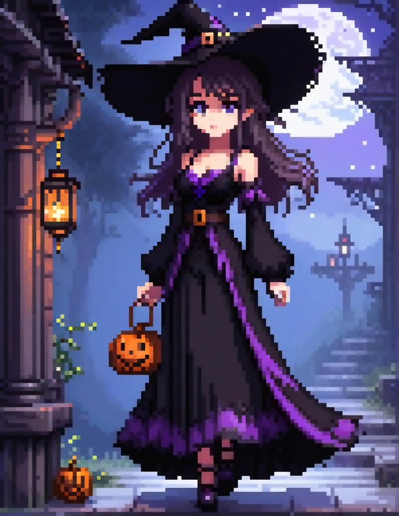 (Pixel art:1.2), 1girl,big bosom,black long dress,big hat,witch clothes
